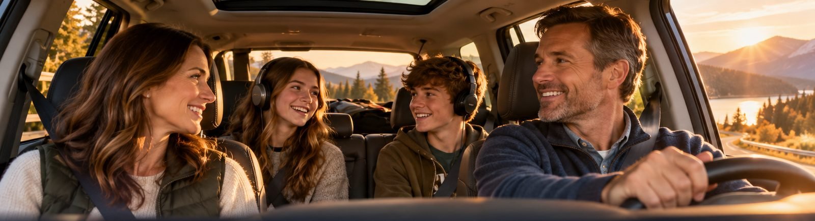 A mother, father, and two teenagers share a family road trip at sunset, the teens wearing headphones, everyone smiling.