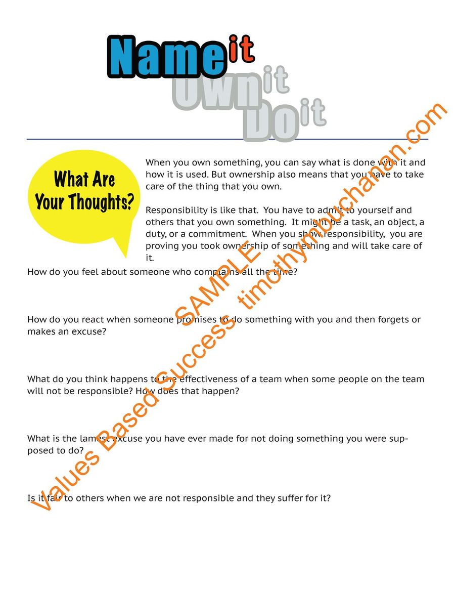 Values Based Success sample lesson on Responsibility, page 2 of 8
