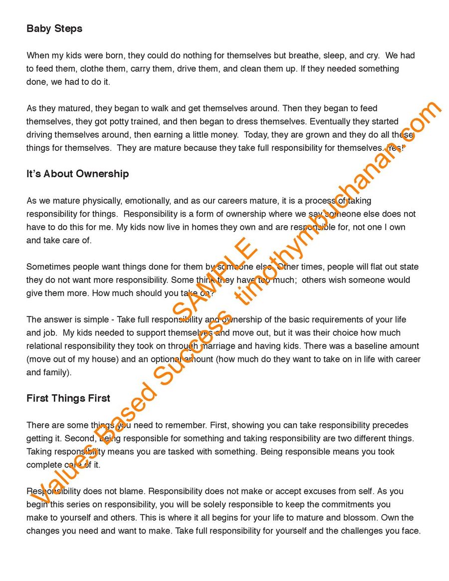 Values Based Success sample lesson on Responsibility, page 4 of 8