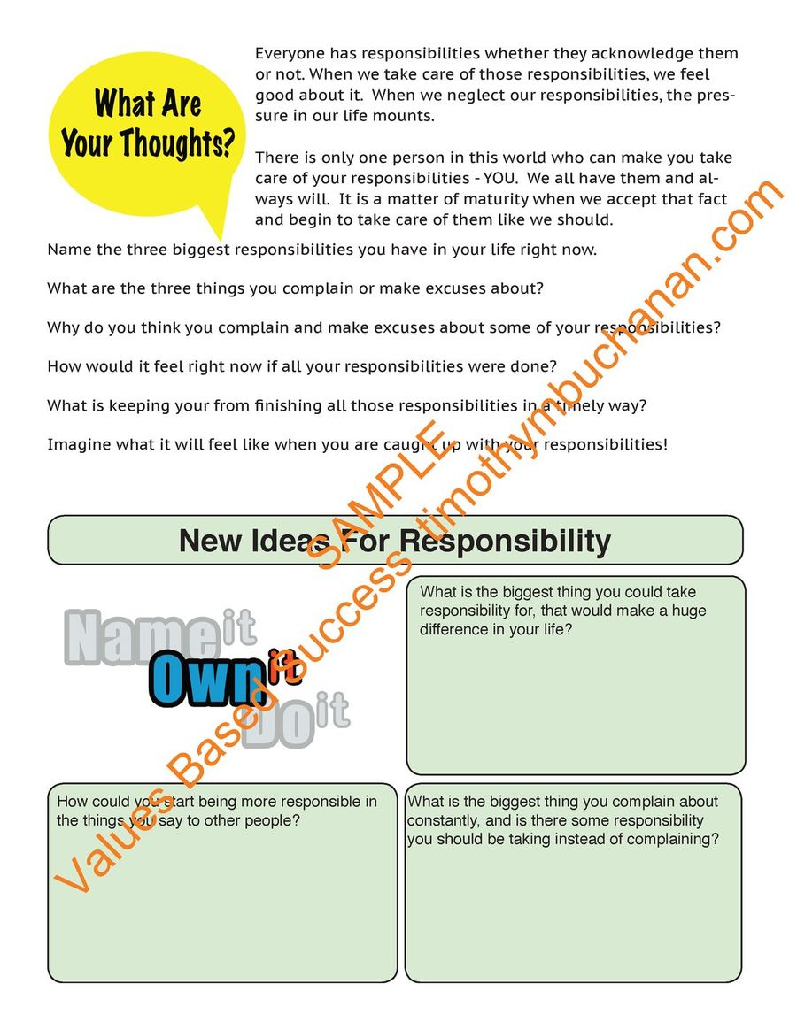 Sample worksheet page from the Responsibility section